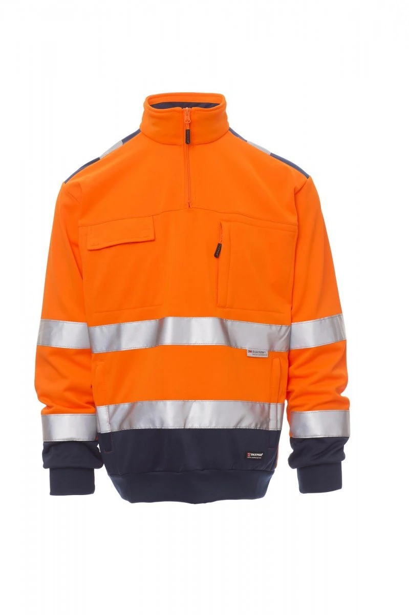 Foto di catalogo della felpa alta visibilità Payper Vision arancio e navy, con mezza zip e bande riflettenti.