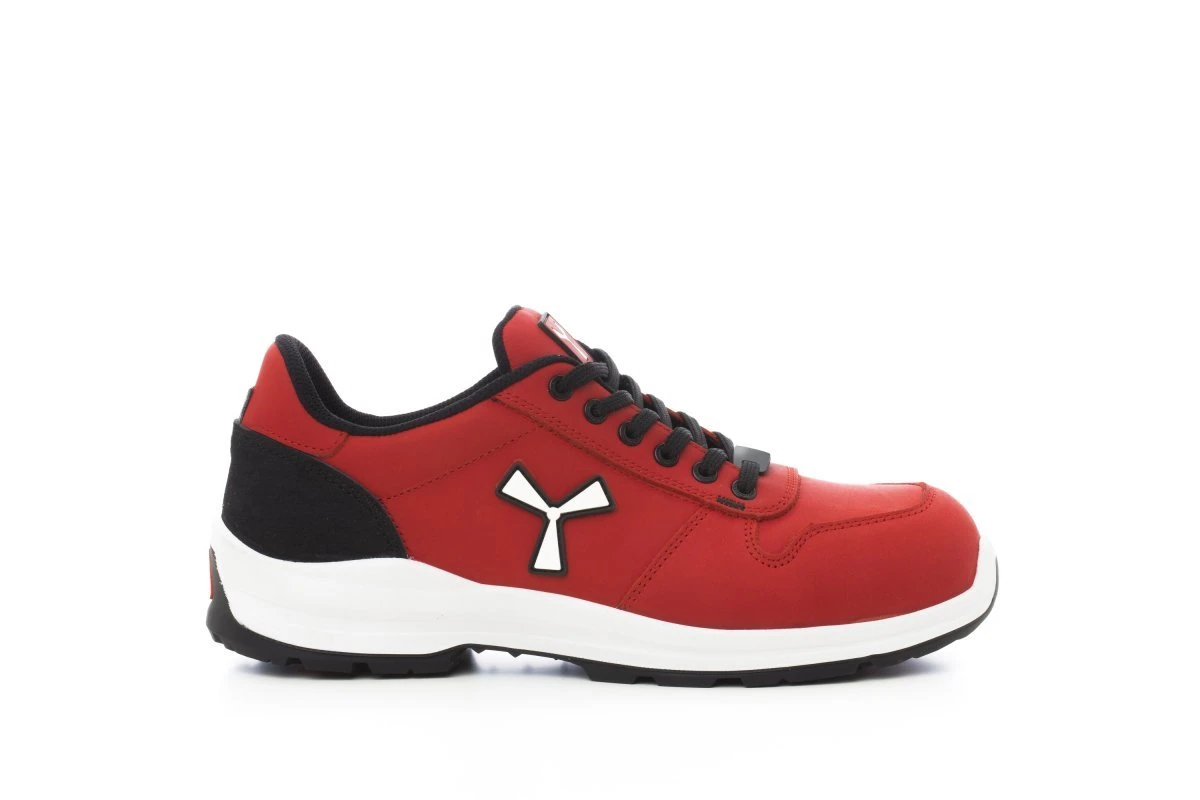 Foto di catalogo della scarpa da lavoro Payper Get Force Low rossa e nera, con suola bianca e logo originale del produttore.