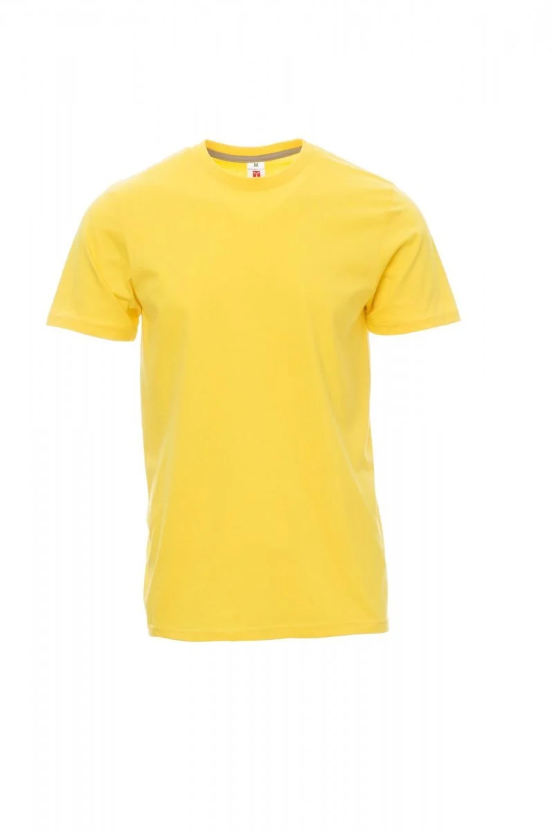 T-shirt gialla a manica corta e girocollo, vista frontale su fondo bianco.