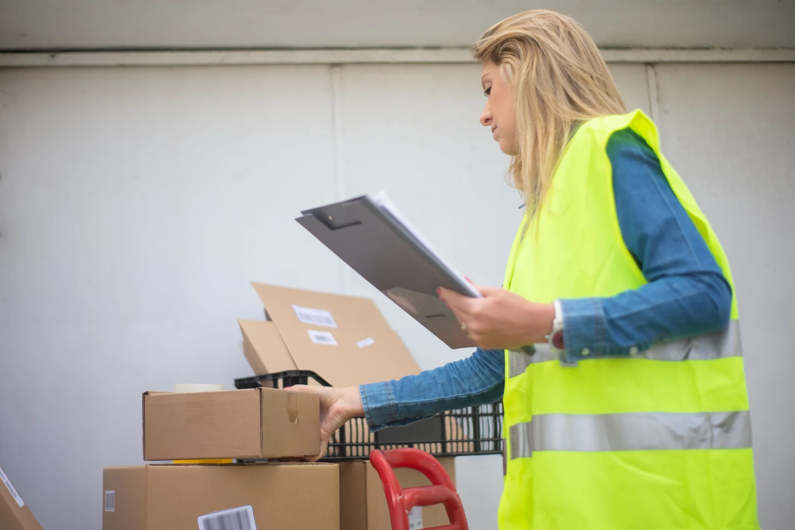 Addetta in gilet ad alta visibilità controlla documenti e pacchi in un’area logistica.