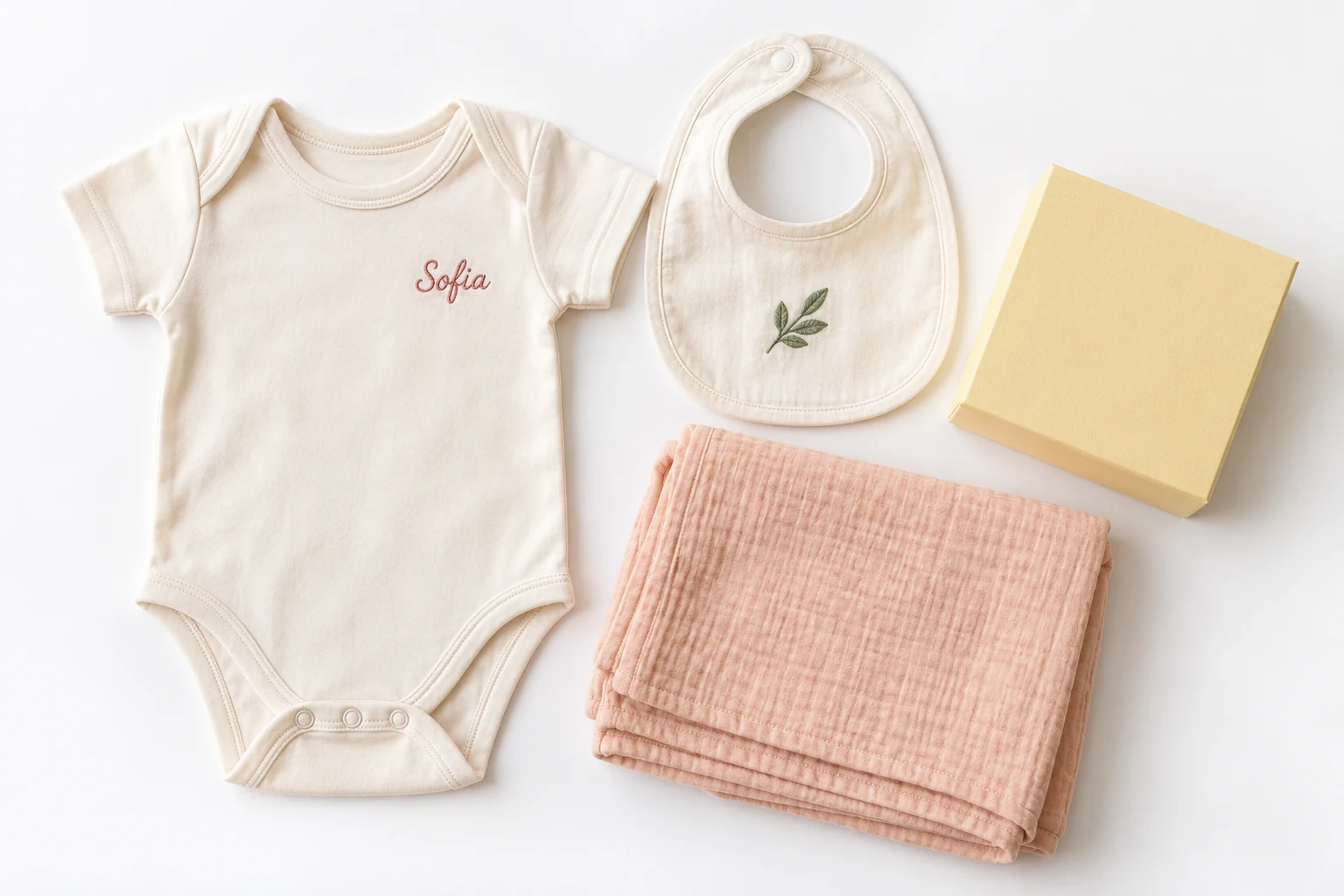 Idea dimostrativa di regalo nascita: body avorio con Sofia ricamato, bavaglino con foglie e copertina color pesca.