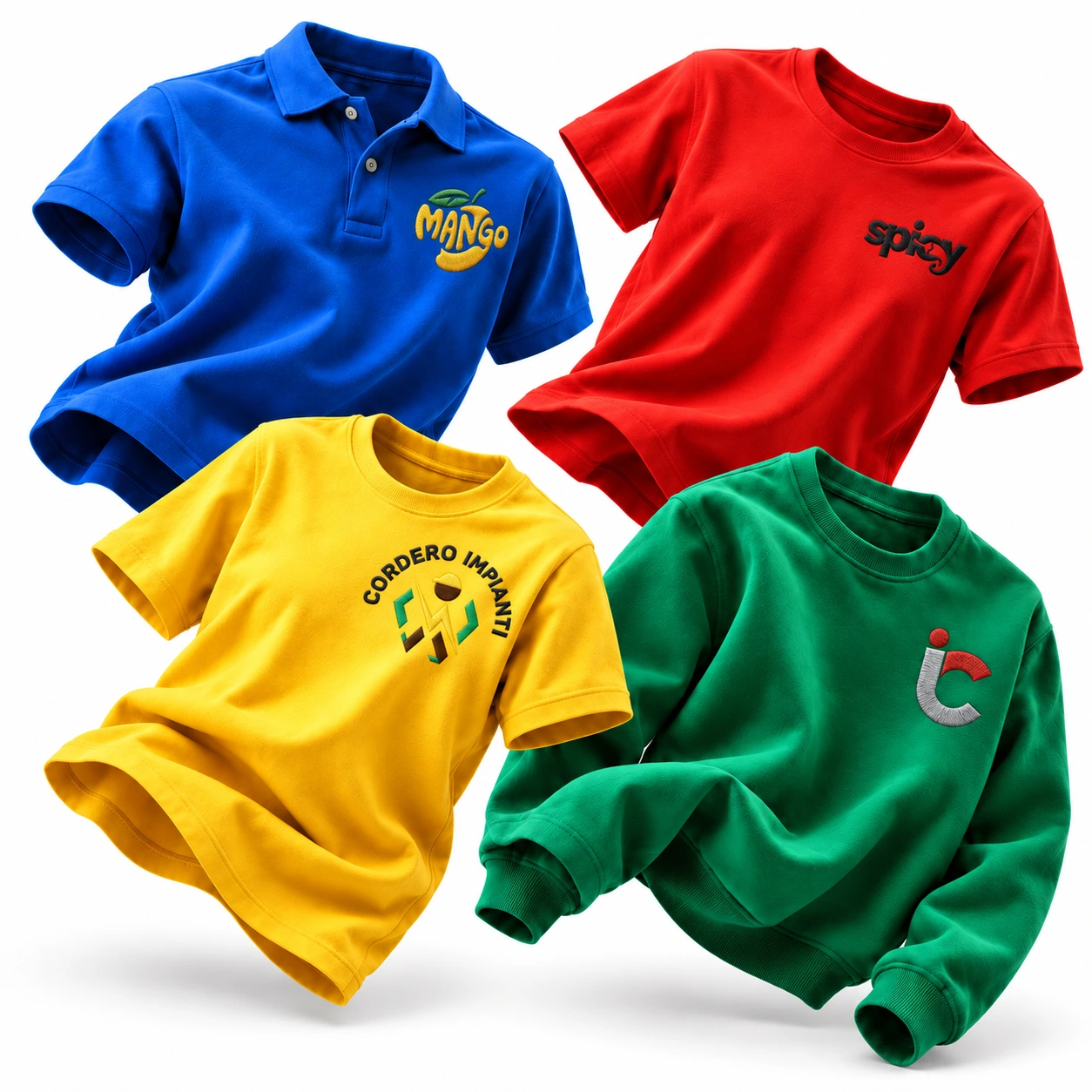 Quattro capi personalizzati: polo blu con logo Mango, T-shirt rossa Spicy, T-shirt gialla Cordero Impianti e felpa verde con il monogramma rosso e argento, tutti ricamati.