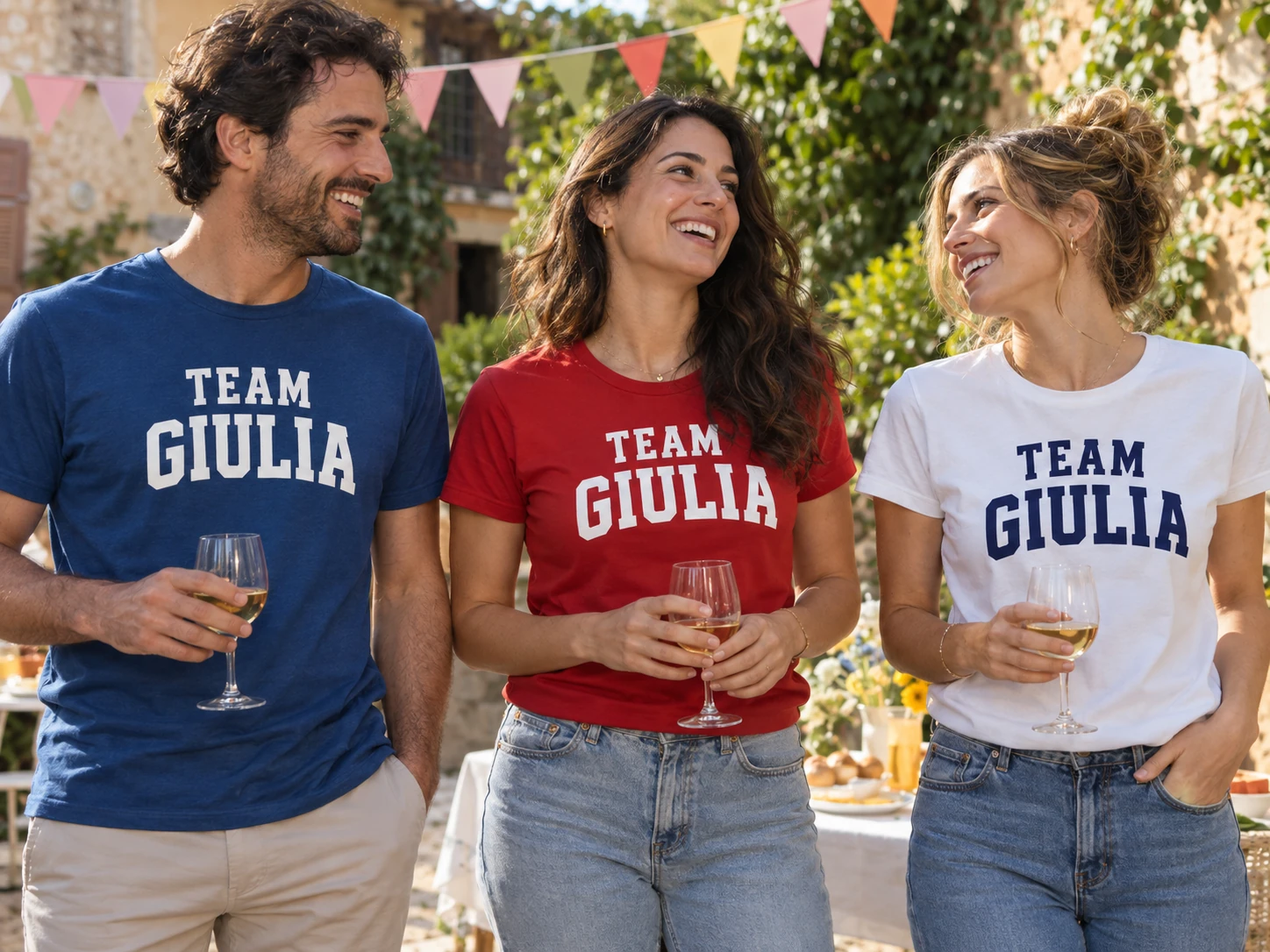 Tre amici indossano T-shirt blu, rossa e bianca con la stampa TEAM GIULIA per un compleanno.
