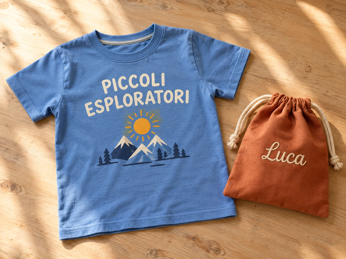T-shirt blu PICCOLI ESPLORATORI e sacca color terracotta con il nome Luca ricamato.