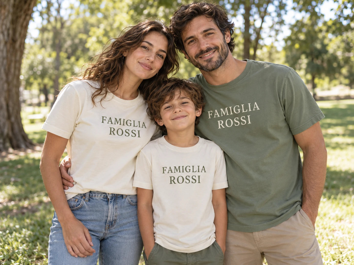 Genitori e bambino indossano T-shirt avorio e verde con la scritta FAMIGLIA ROSSI.