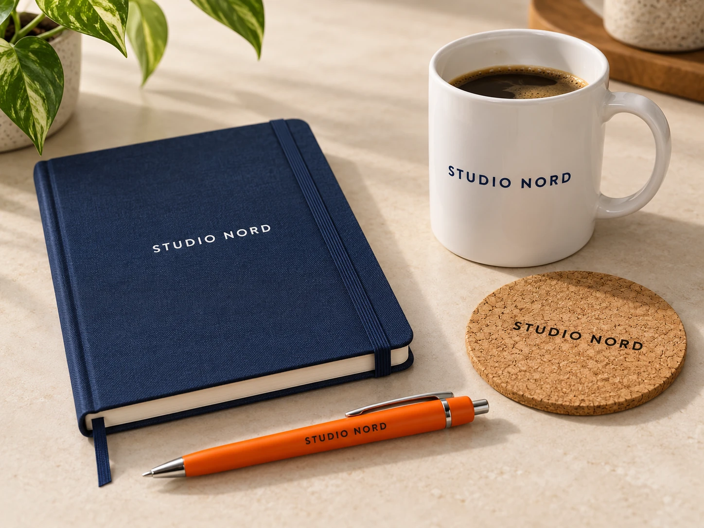 Taccuino blu, penna arancio, tazza e sottobicchiere con il logo STUDIO NORD.