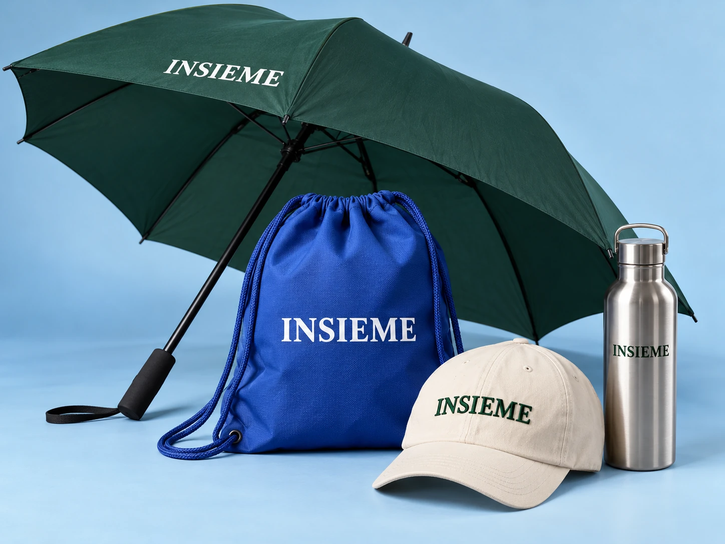 Ombrello verde, sacca blu, cappellino e borraccia con il marchio INSIEME.