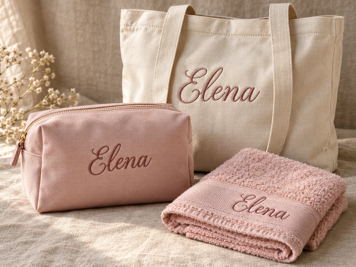 Pochette rosa, shopper in cotone e asciugamano con il nome Elena ricamato.