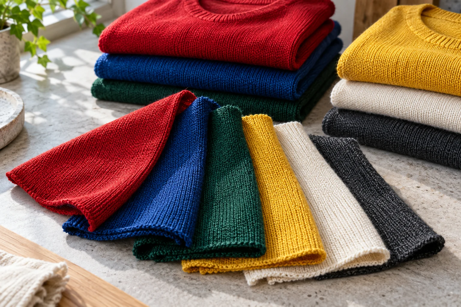 Campioni di tessuto e capi nei colori rosso, blu, verde, giallo, panna e antracite, con le trame ben visibili.