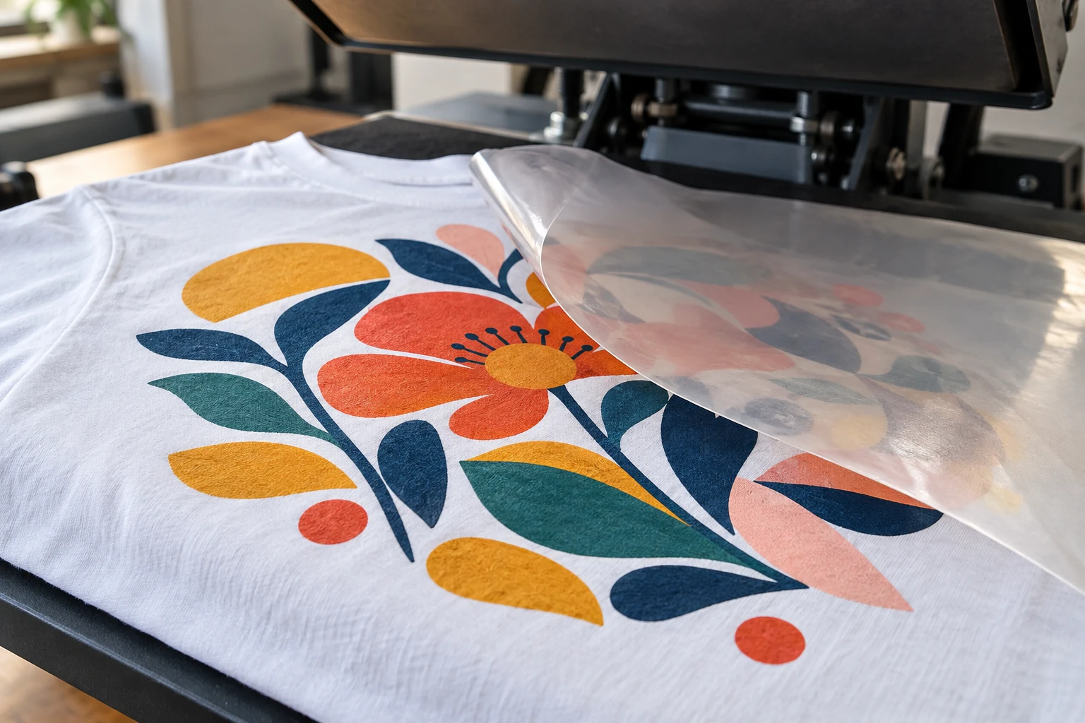 Grafica multicolore trasferita su una T-shirt bianca con termopressa, con la pellicola trasparente parzialmente rimossa.