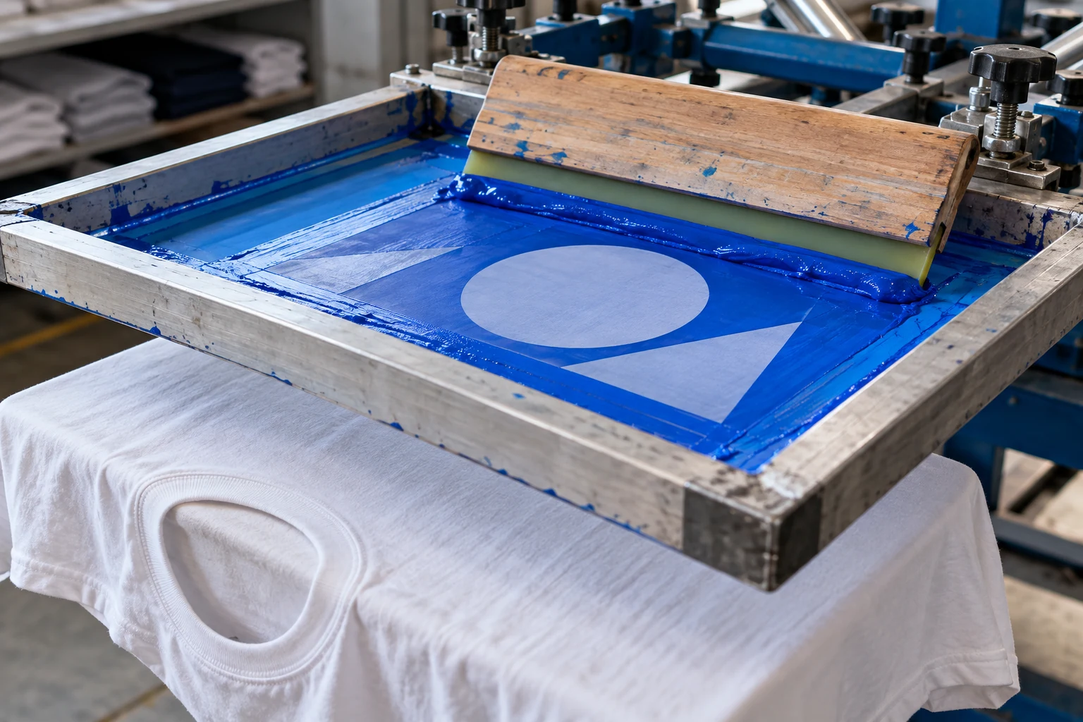 Telaio serigrafico con inchiostro blu e racla, sopra una maglietta posizionata sul piano di stampa.
