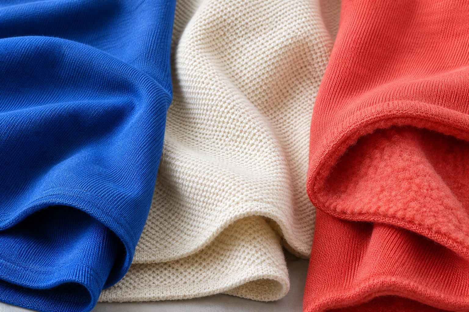 Dettaglio di jersey blu, piqué color panna e tessuto rosso da felpa con il rovescio garzato in vista.