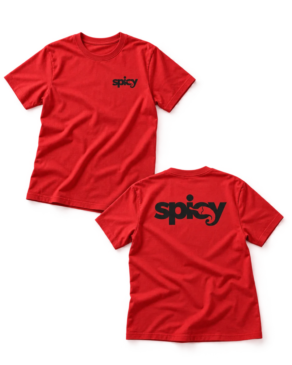 Proposta di T-shirt Spicy davanti e dietro con logo sul petto e sulla schiena.