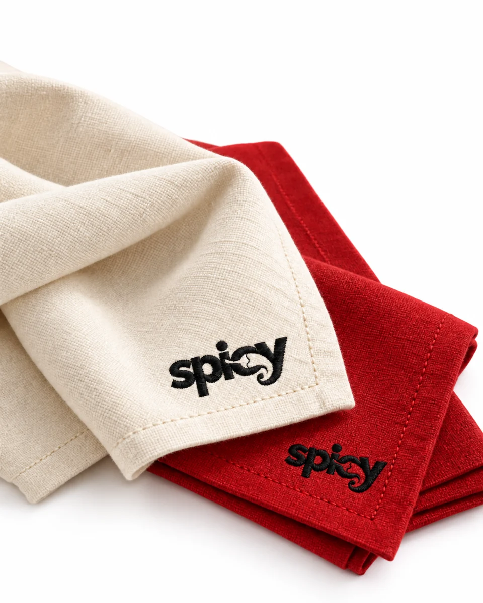 Proposta di tovaglioli Spicy rossi e avorio con il logo ricamato.
