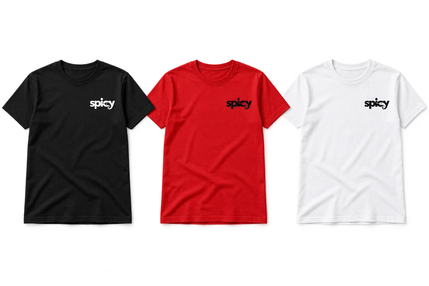 Tre T-shirt Spicy: nera, rossa e bianca, con il logo sul petto.
