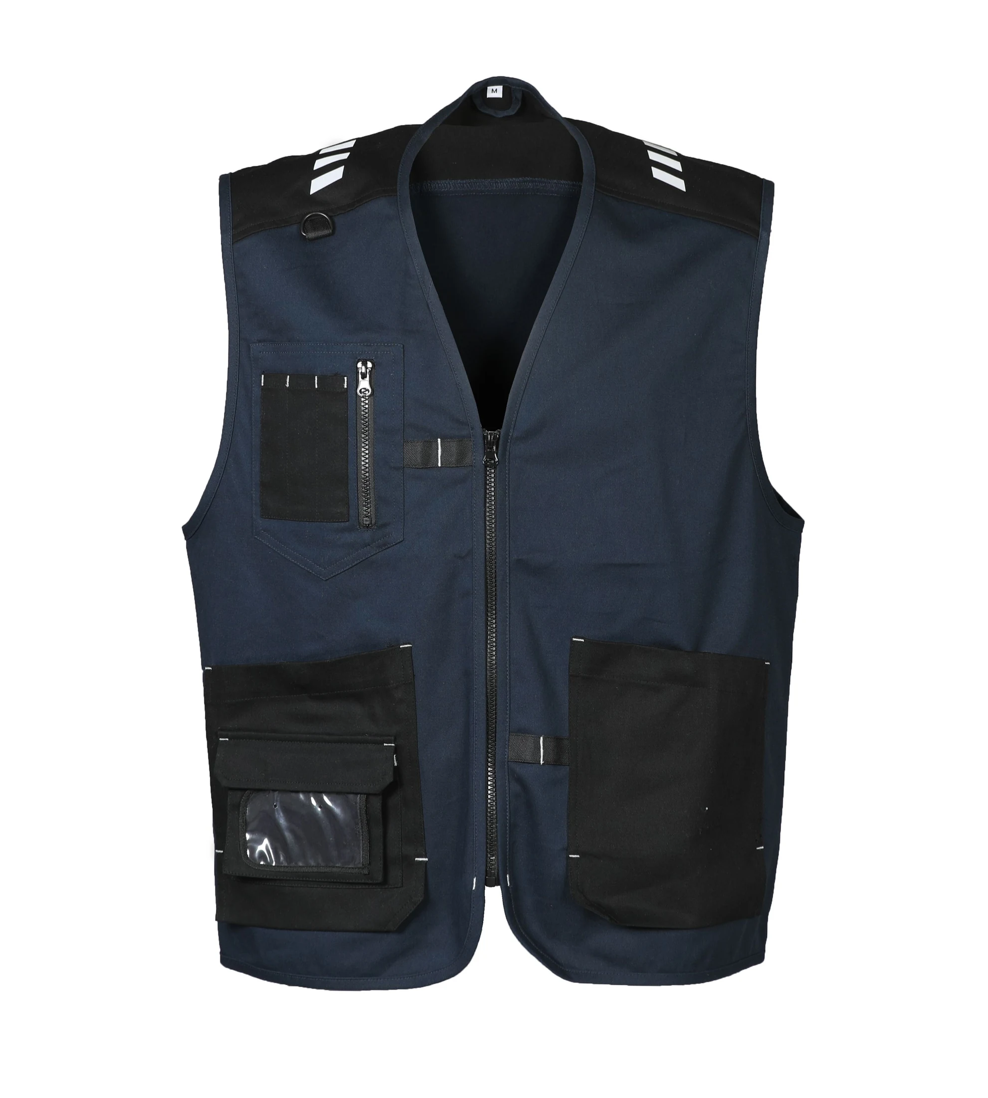 Gilet da lavoro navy con inserti neri, tasche frontali, zip e portabadge.