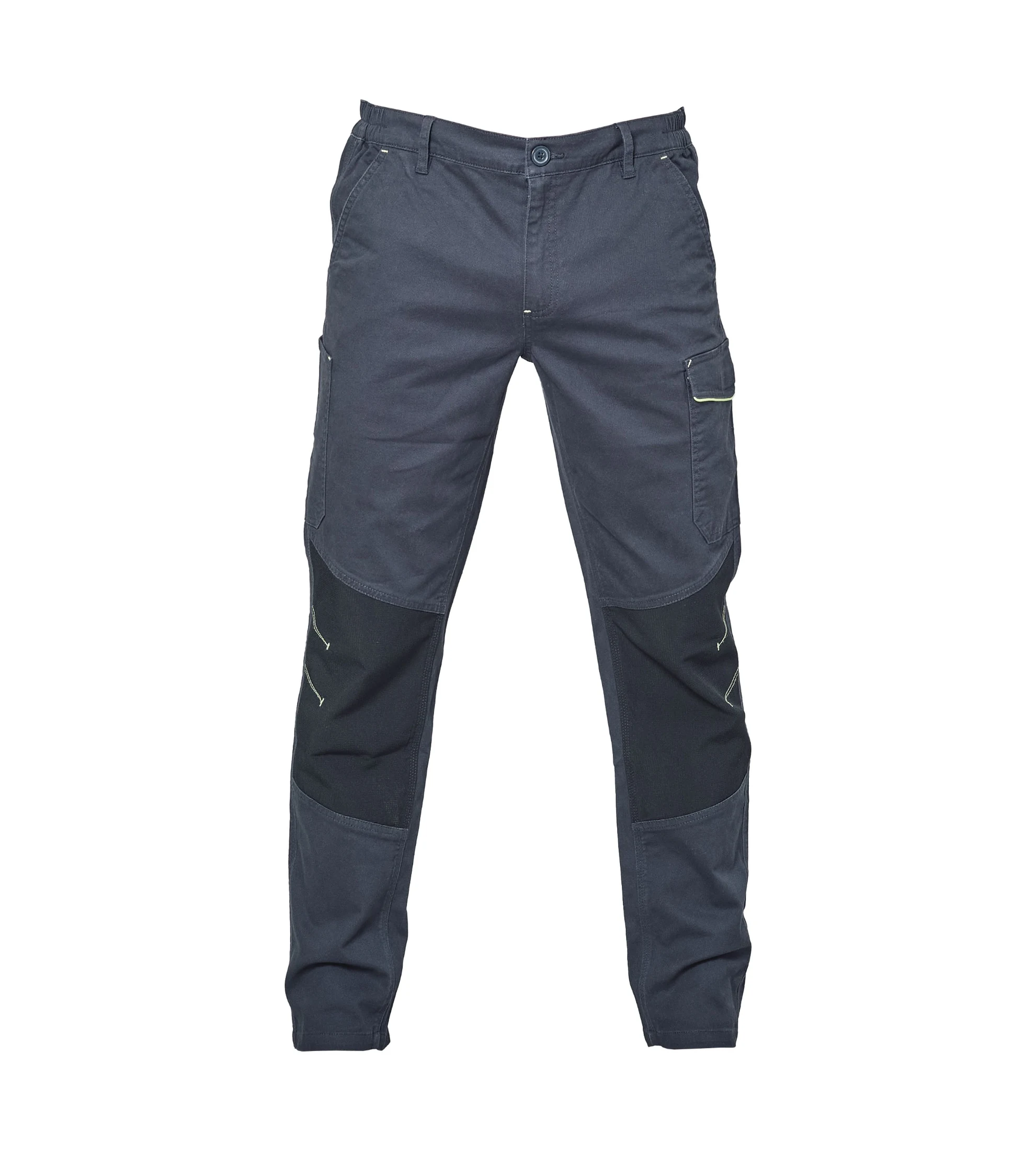 Foto di catalogo del pantalone da lavoro JRC Zurigo Tech navy: tasche laterali e inserti neri sulle ginocchia.